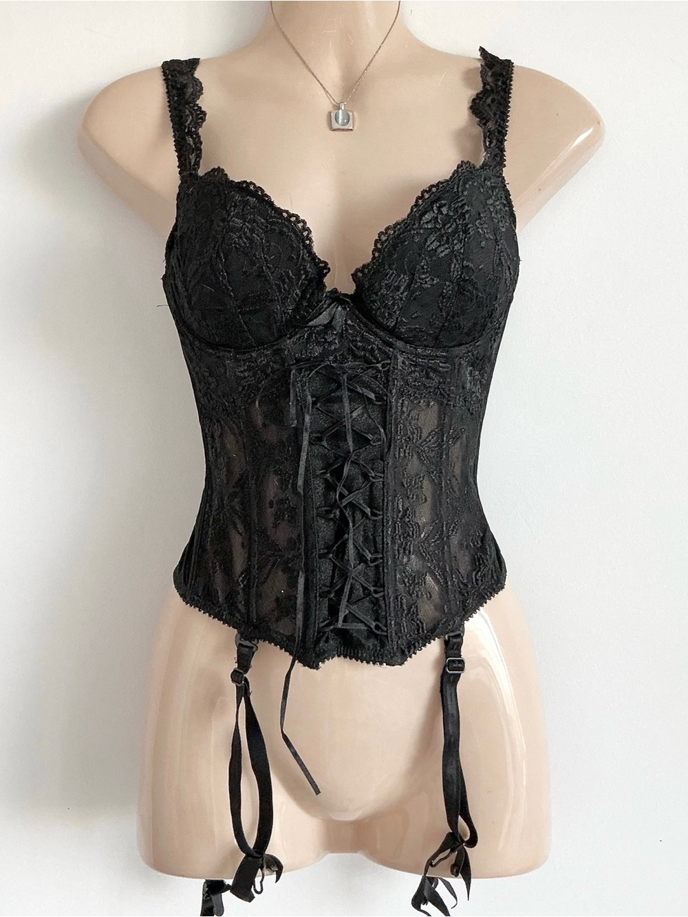 Y2K Black Lace Corset boned Bustier Garter Straps